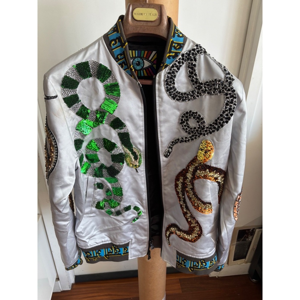 White Sequin Snake Bomber Jacket